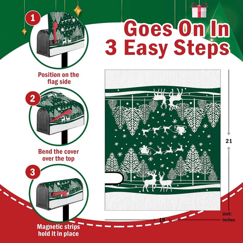 FBCOO Green Christmas Mailbox Cover Magnetic Standard Size 20.5" x 18", Xmas Tree Reindeer Santa Claus Decorative Post Letter Box Wrap Decor, Winter Holiday Snowflake Garden Yard Outdoor Decoration - Image 2